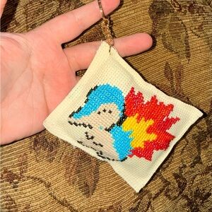 Colorful Cross-Stitch Keychain with Blue and Red Design